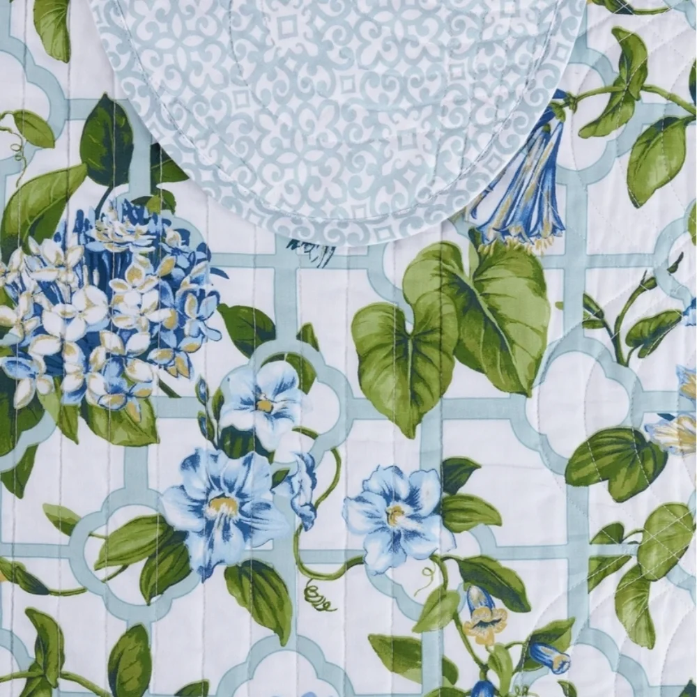Waverly Treillage Trellis Blue White Floral KING Bedspread quilt Set 3pc